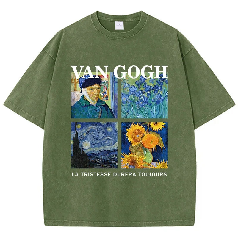 Fashionable Men's Washed T-shirt Printed Top Cotton Oversized Round Neck T-shirt Street Wear