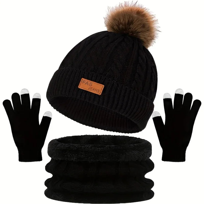 Knitted Hat Scarf and Touchscreen Gloves Set for Outdoor Winter Wear