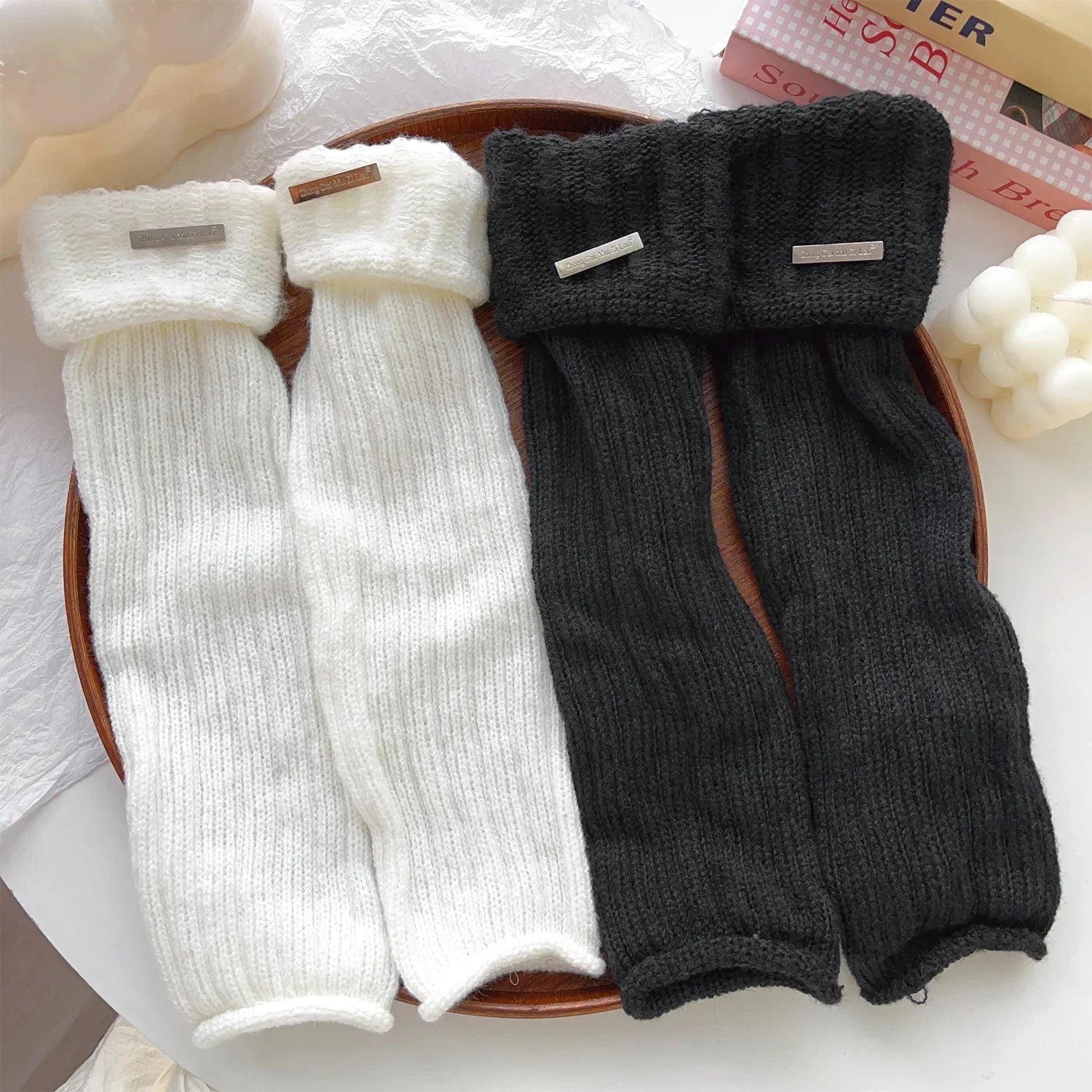 Solid Ribbed Leg Warmers with Small Metal Label Details