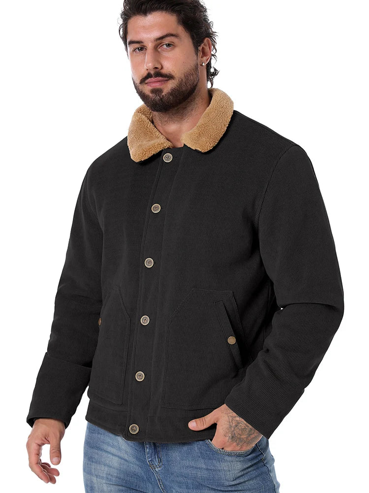 Men's Winter Corduroy Jacket Fleece Warm Lined Cargo Work Jacket Casual Thick Sherpa Collar Trucker Deck Navy Coats