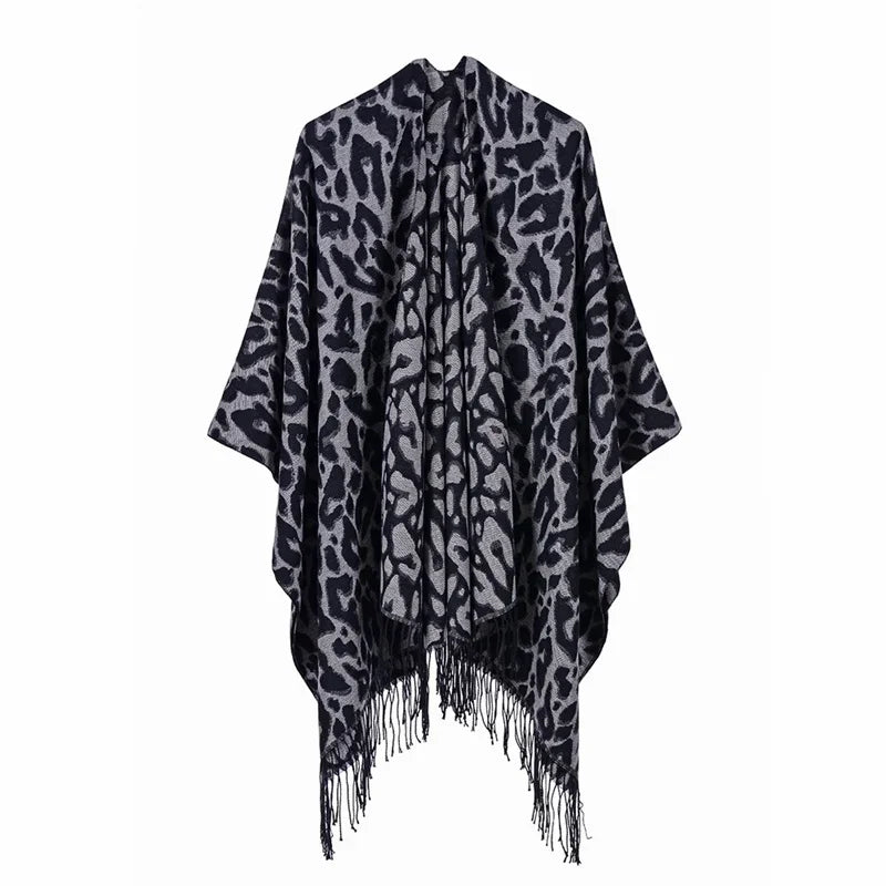 Patterned Fringed Open Front Poncho for Layering over Outfits