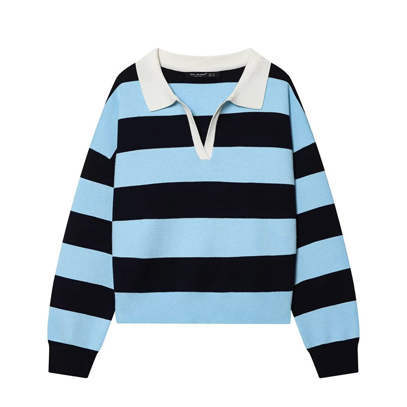 Women's Striped Polo Collar Loose Fit Sweater Casual Knit Layer