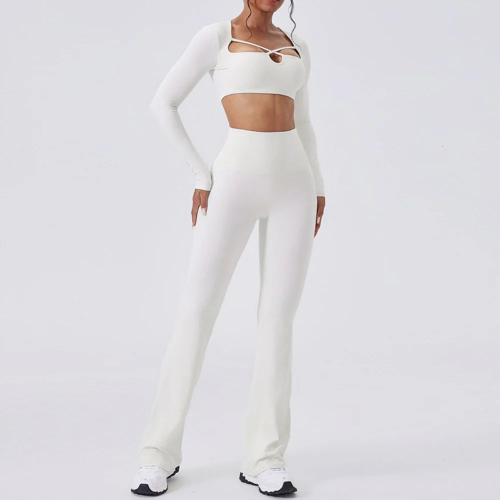 Women's Long-Sleeve Crop Top and Flared Pants Workout Set