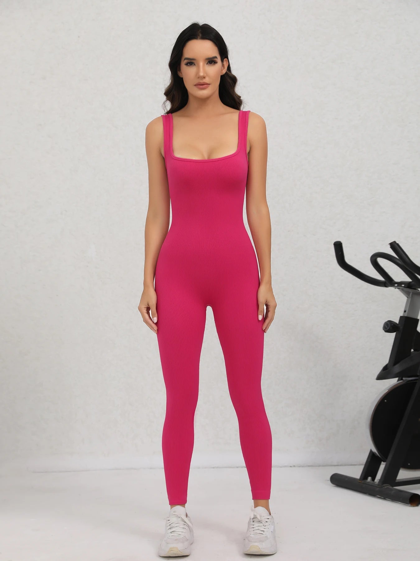 Women's Square Neck Ribbed Nylon Blend Workout Jumpsuit with Fitted Legs