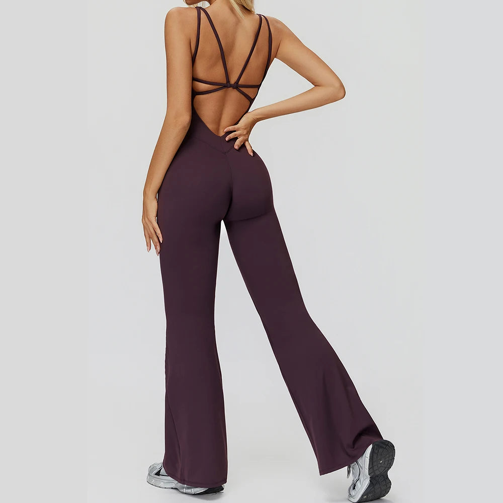 Women's Cross Back Polyester Blend Flared Workout Jumpsuit with Multiple Straps