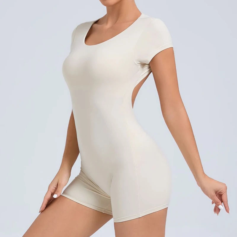 Women's Short Sleeve Nylon Blend Workout Romper with Scoop Neck and Low Back
