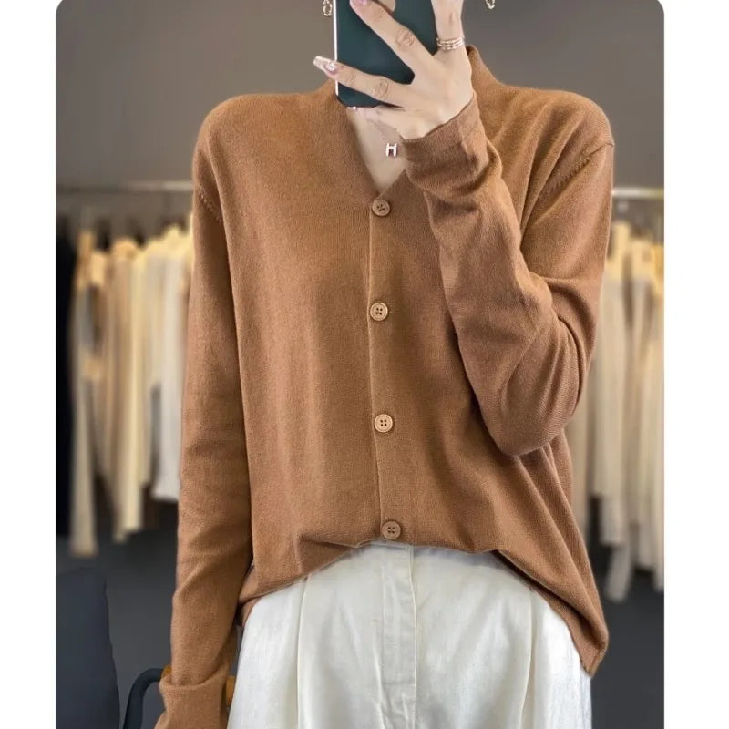 Light luxury retro style! V-neck pure cashmere knit cardigan women's autumn and winter loose wool top bottom sweater coat