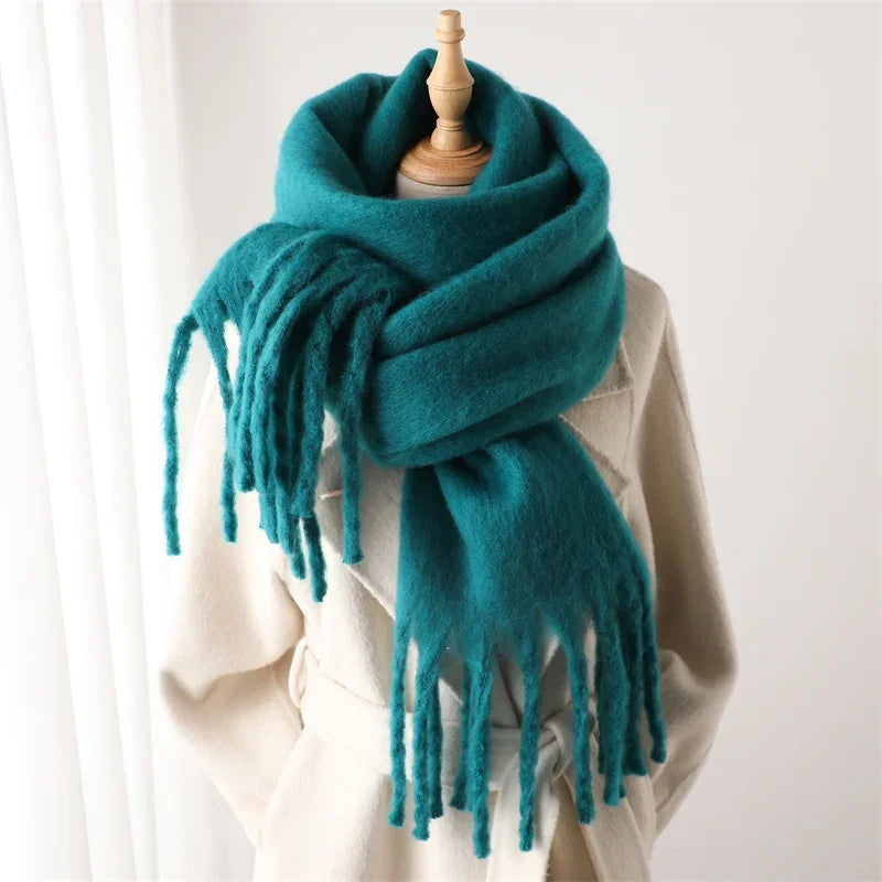 Solid Long Fringed Scarf for Draped Neck Styling