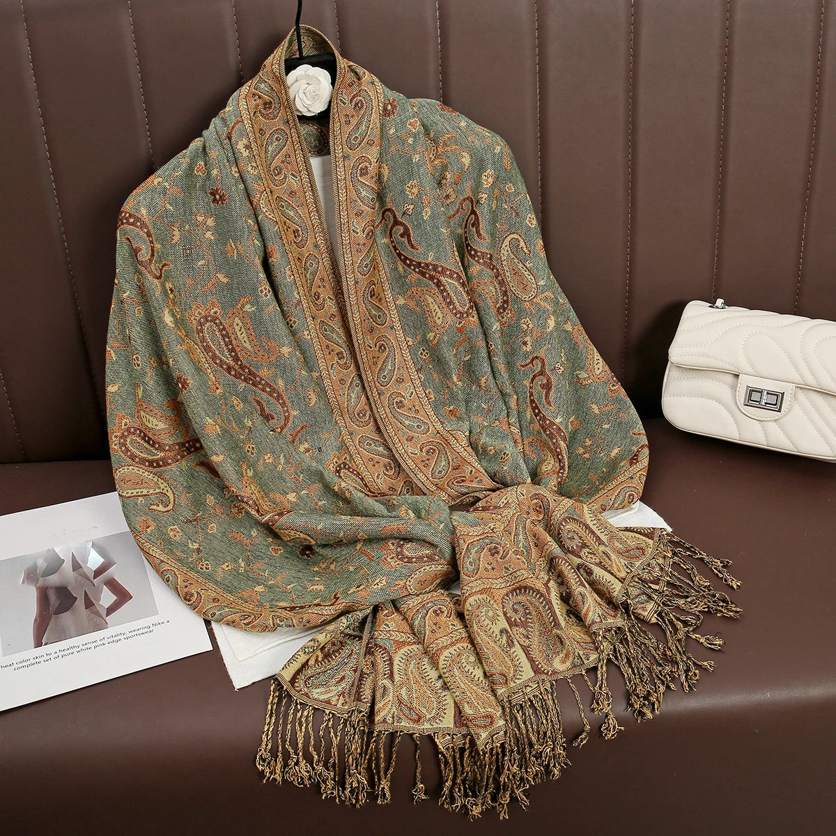 Paisley Floral Print Long Scarf with Fringed Ends