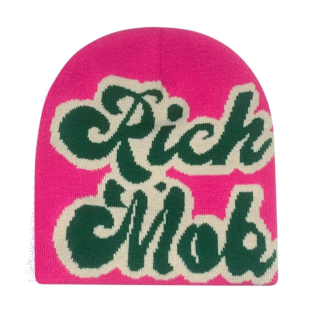 Graphic Knit Beanie with Letter and Pattern Style Options