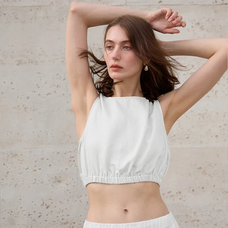 Women's Linen-Viscose Sleeveless Cropped Tank Top with Gathered Hem for Casual Outfits