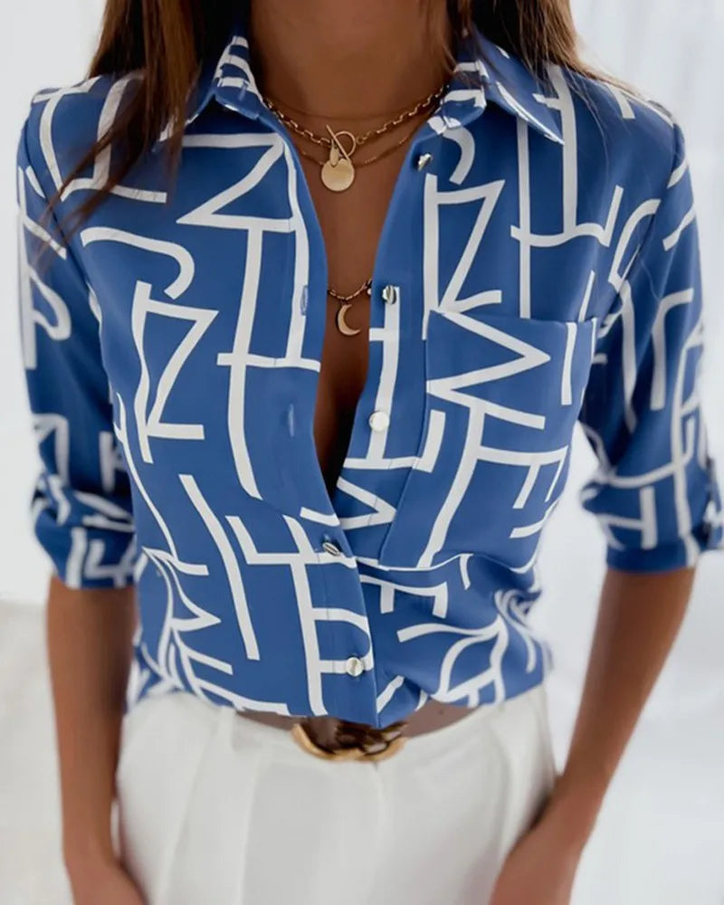 Women's Printed Long Sleeve Button Front Shirt