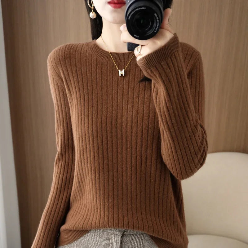 Women's Ribbed Crew Neck Long Sleeve Sweater Casual Knit Layer