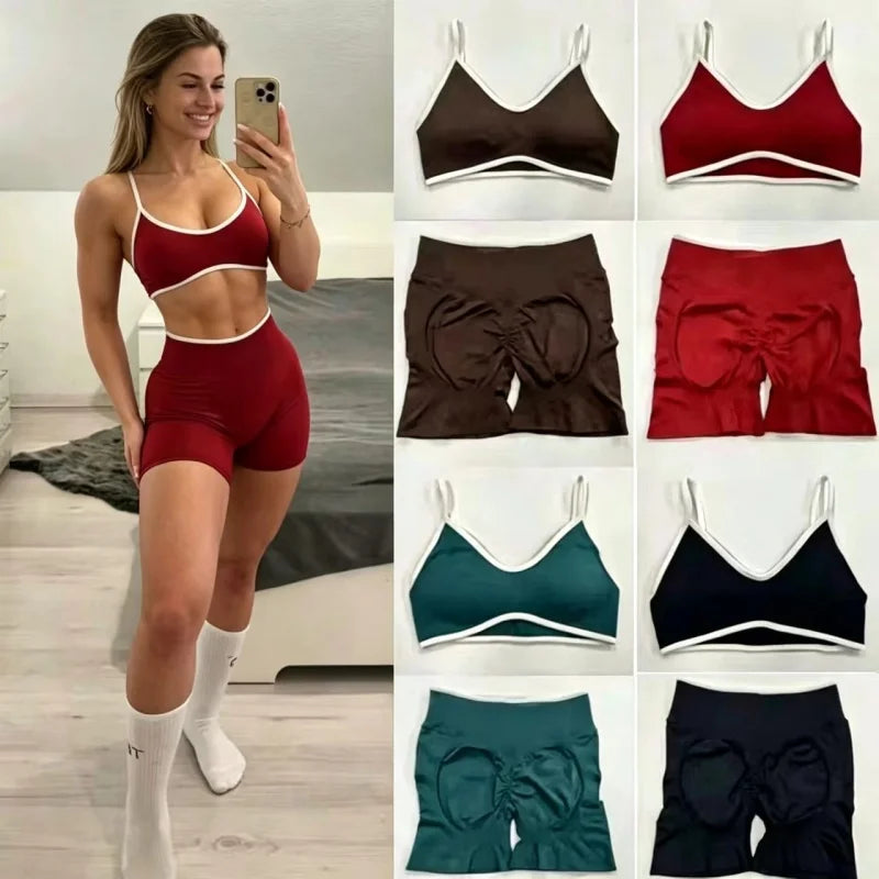 Women's Contrast Trim Bra And Shorts Yoga Set
