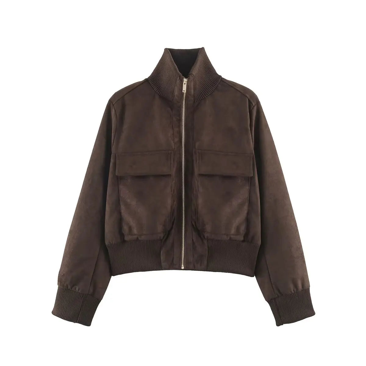 Women's Stand Collar Pocket Zip Front Jacket for Layered Outfits
