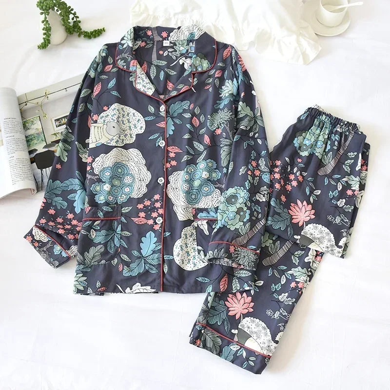 Women's Printed Button Front Pajama Set with Top and Pants