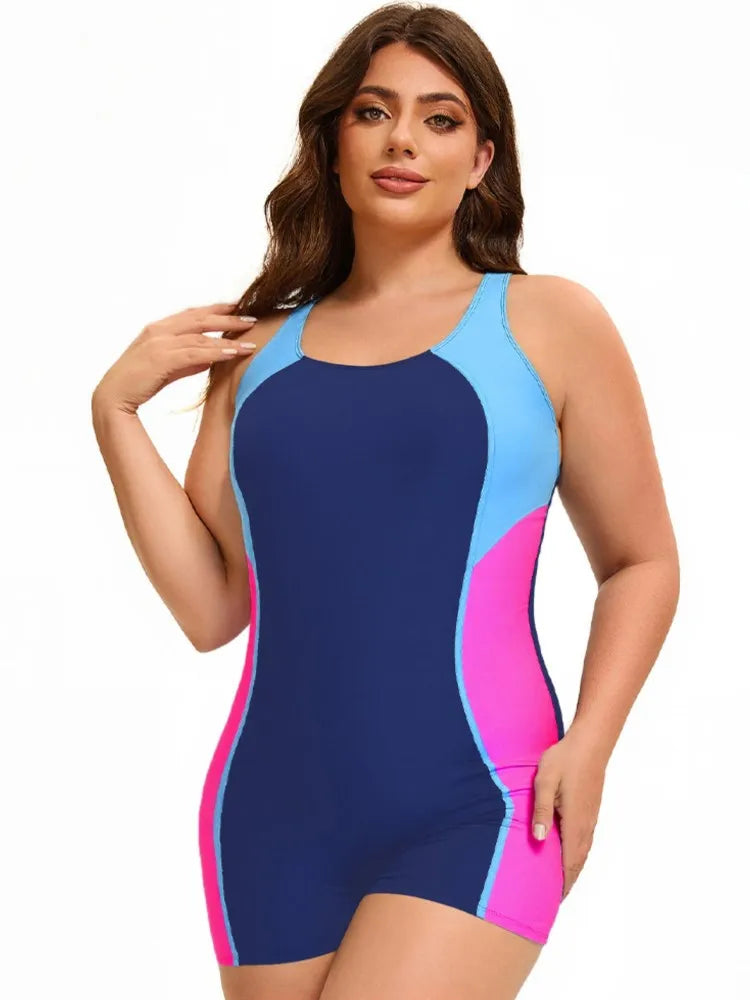 Women's Colour Block Racer Style Boyleg One Piece Swimsuit