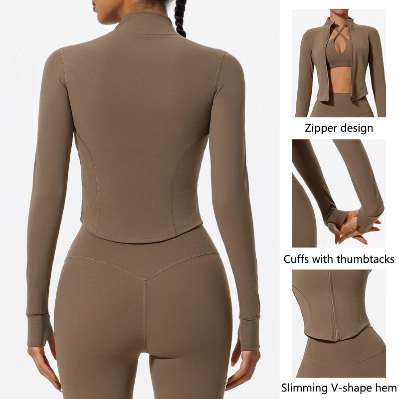 Women's Fitted Long Sleeve Zip Front Jacket For Workout Outfits