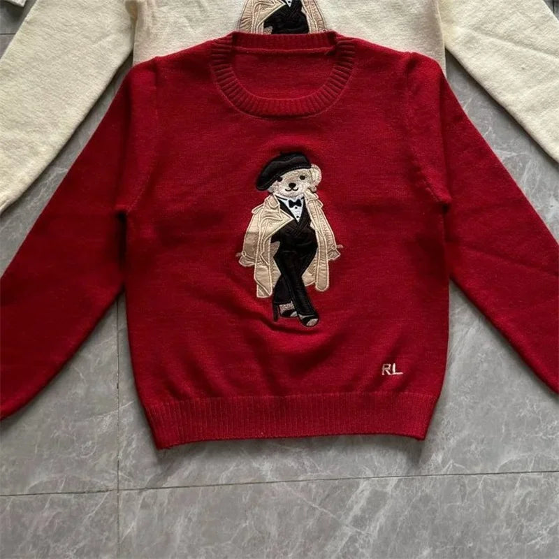 Women's Teddy Bear Graphic Crew Neck Sweater Casual Knit Layer