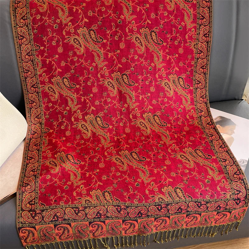 Paisley Floral Print Long Scarf with Fringed Ends