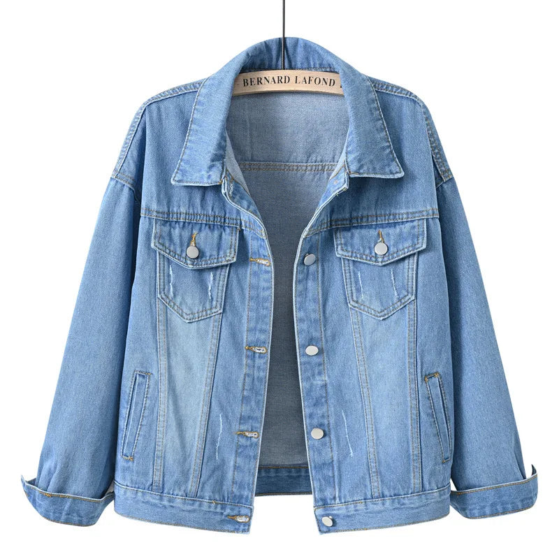 Women's Cotton-Elastane Long-Sleeve Button-Front Collared Denim Jacket with Pockets for Casual Outfits