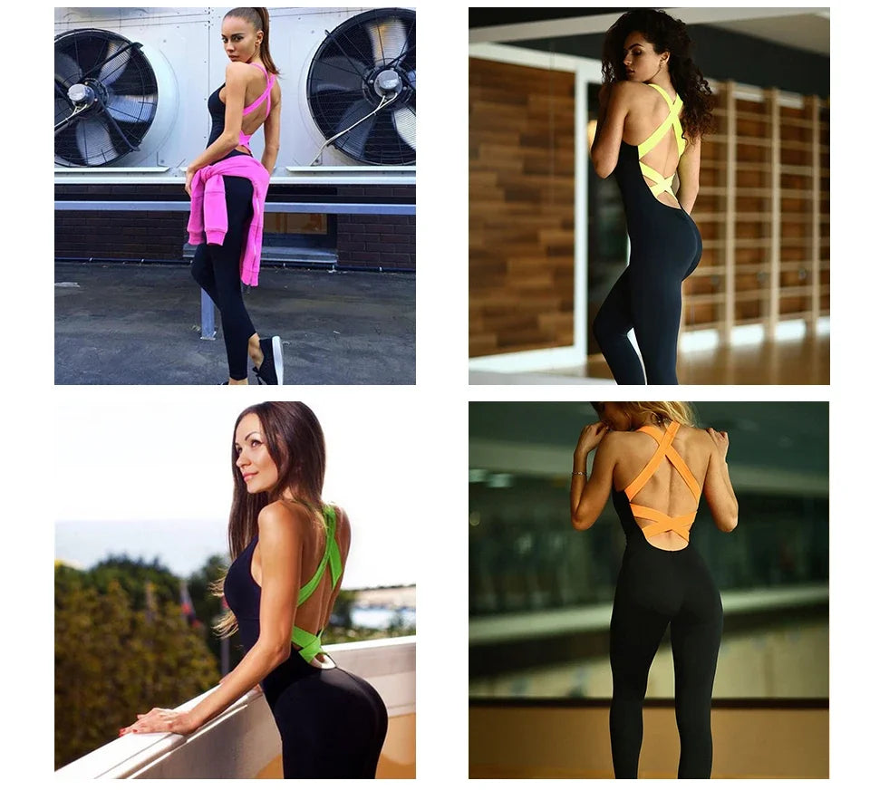 Women's Colorblock Cross Back Workout Jumpsuit with Contrast Shoulder Straps
