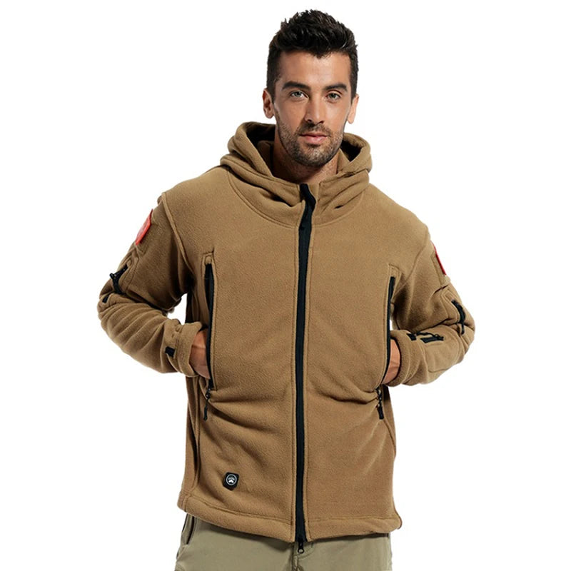 Men's Warm Tactical Fleece Jacket Zip Up Thicken Polar Hoodie Winter Outdoor Sport Hiking Hooded Coat Multi-Pocket