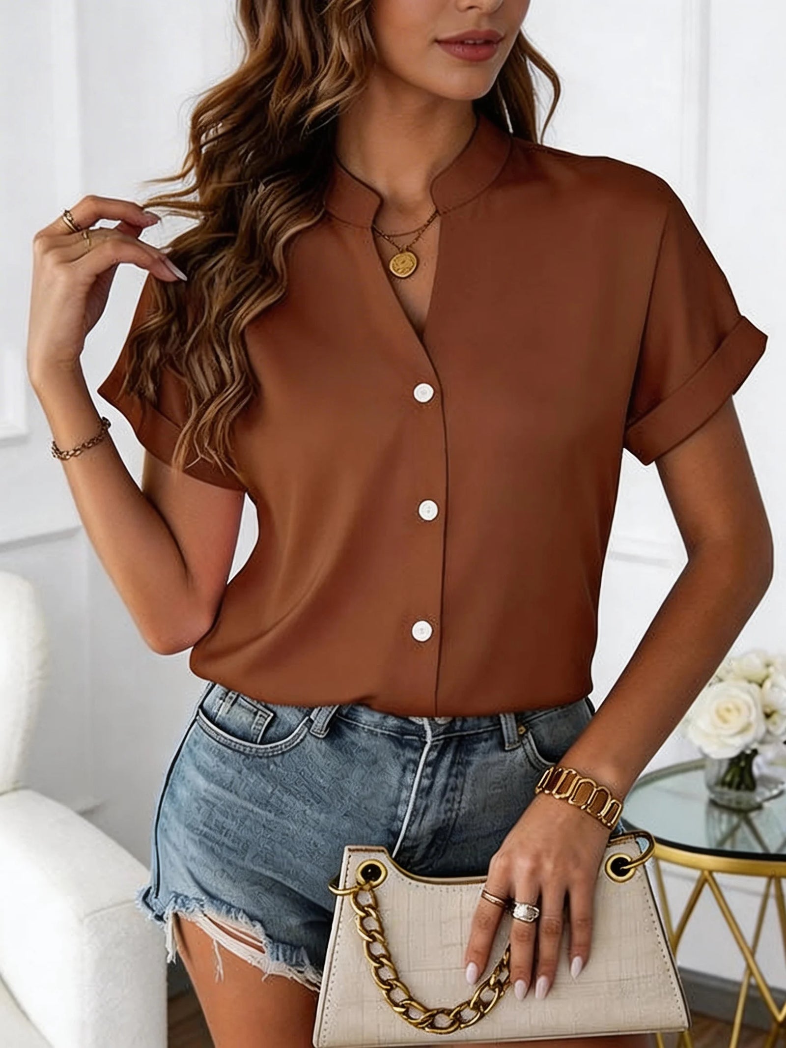 Women's V Neck Short Sleeve Button Front Blouse