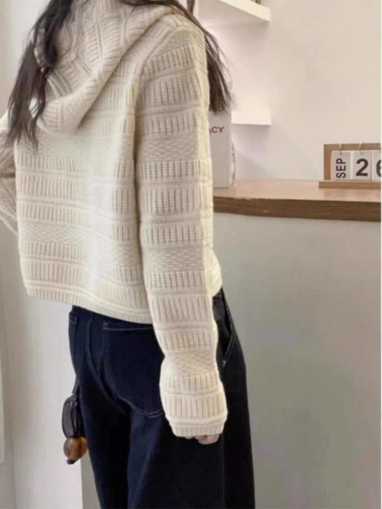 Autumn and Winter Thickened 100% Pure Wool Women's Hooded Knit Cardigan Loose Sweater Coat with Double Zippers Short Style