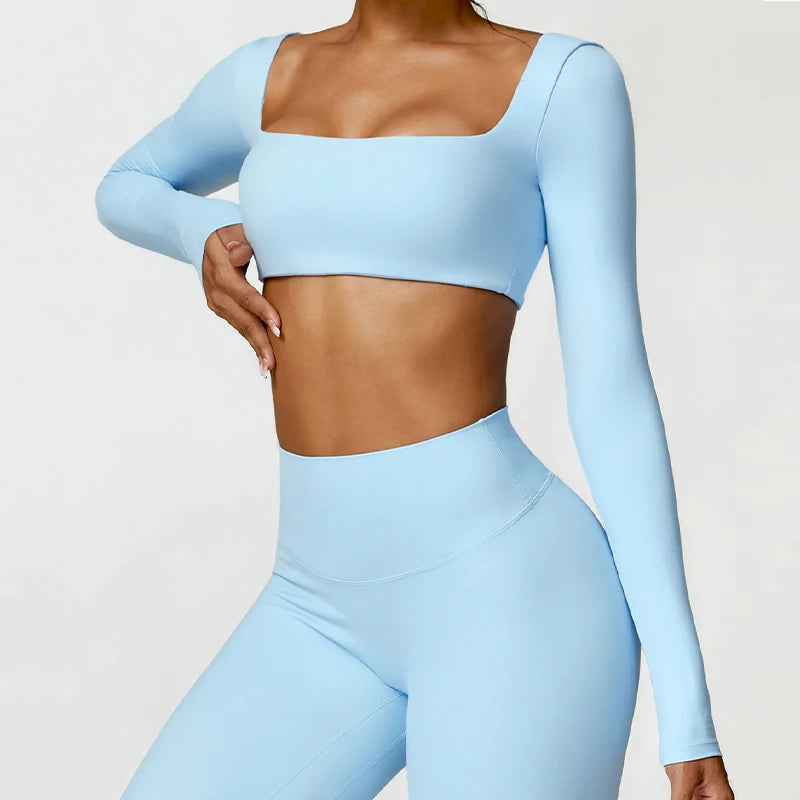 Women's Square Neck Long Sleeve Crop Top For Workout Outfits