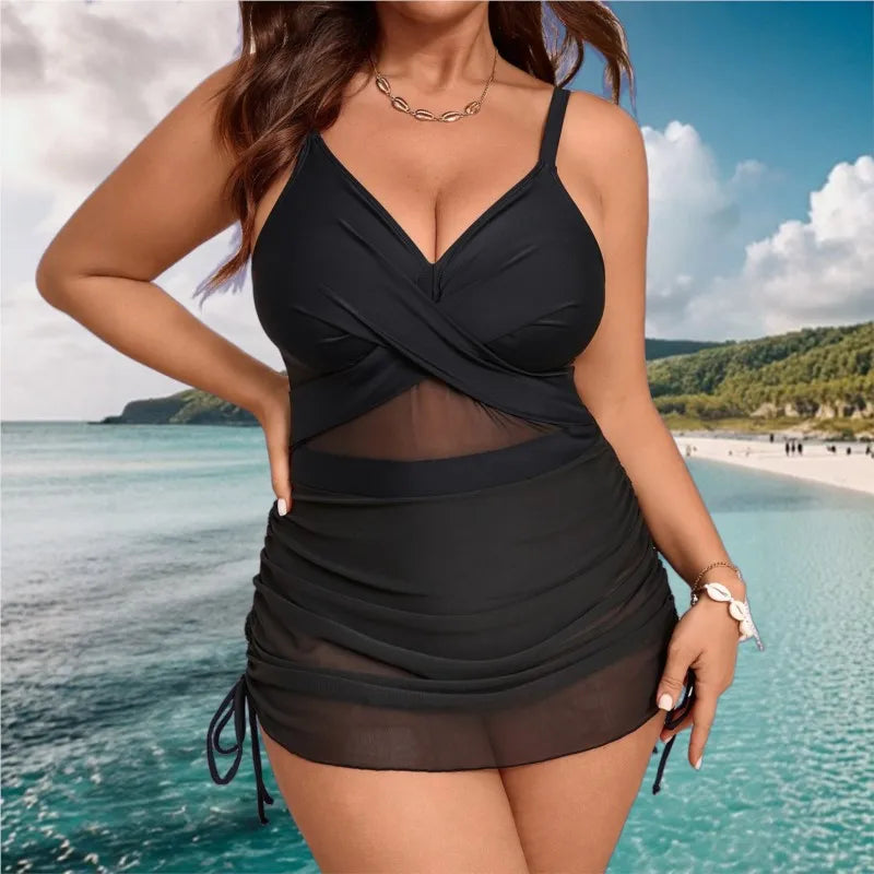 Women's Twist Front Mesh Waist Swimwear with Ruched Skirt Overlay