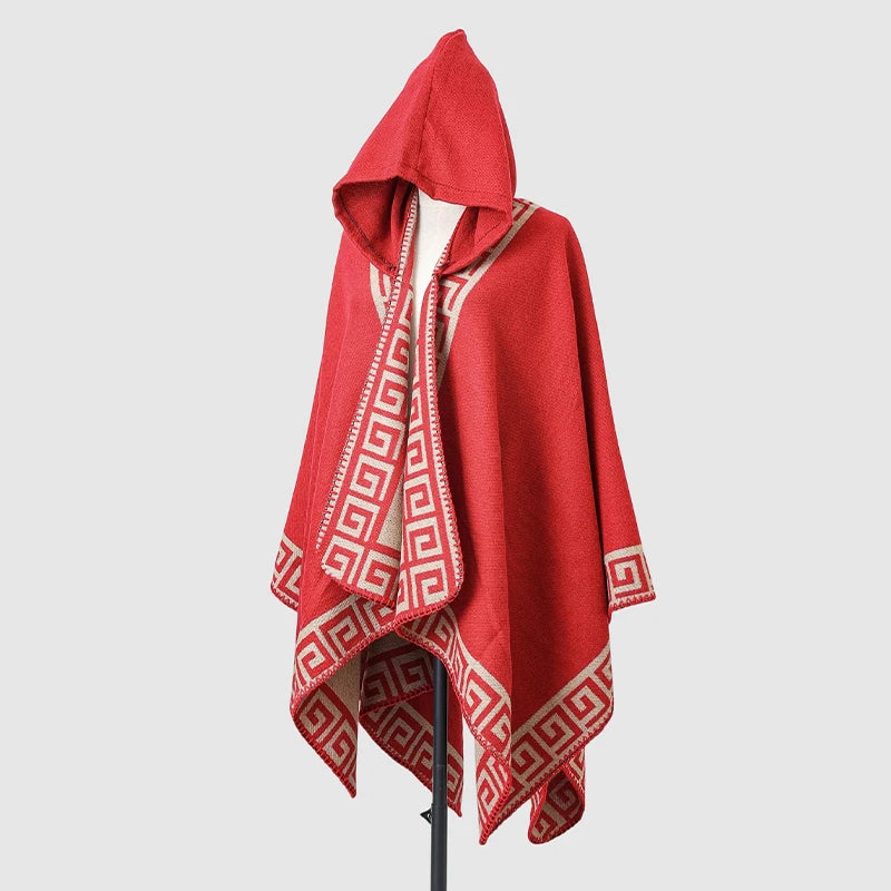 Hooded Geometric Border Poncho for Layering over Outfits