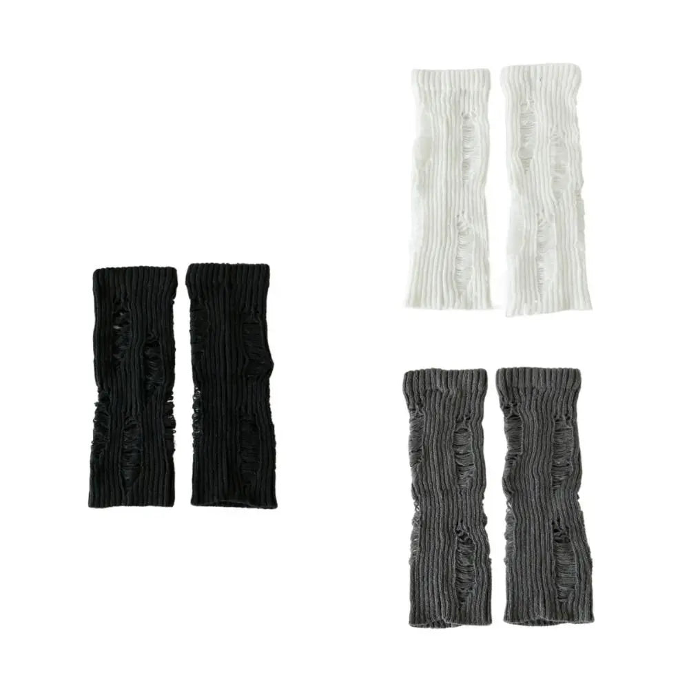 Distressed Ribbed Knit Leg Warmers with Ripped Pattern Details