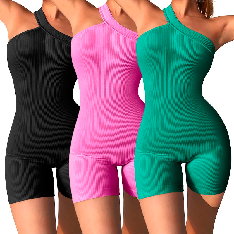 Women's One Shoulder Ribbed Nylon Blend Romper with Fitted Short Legs