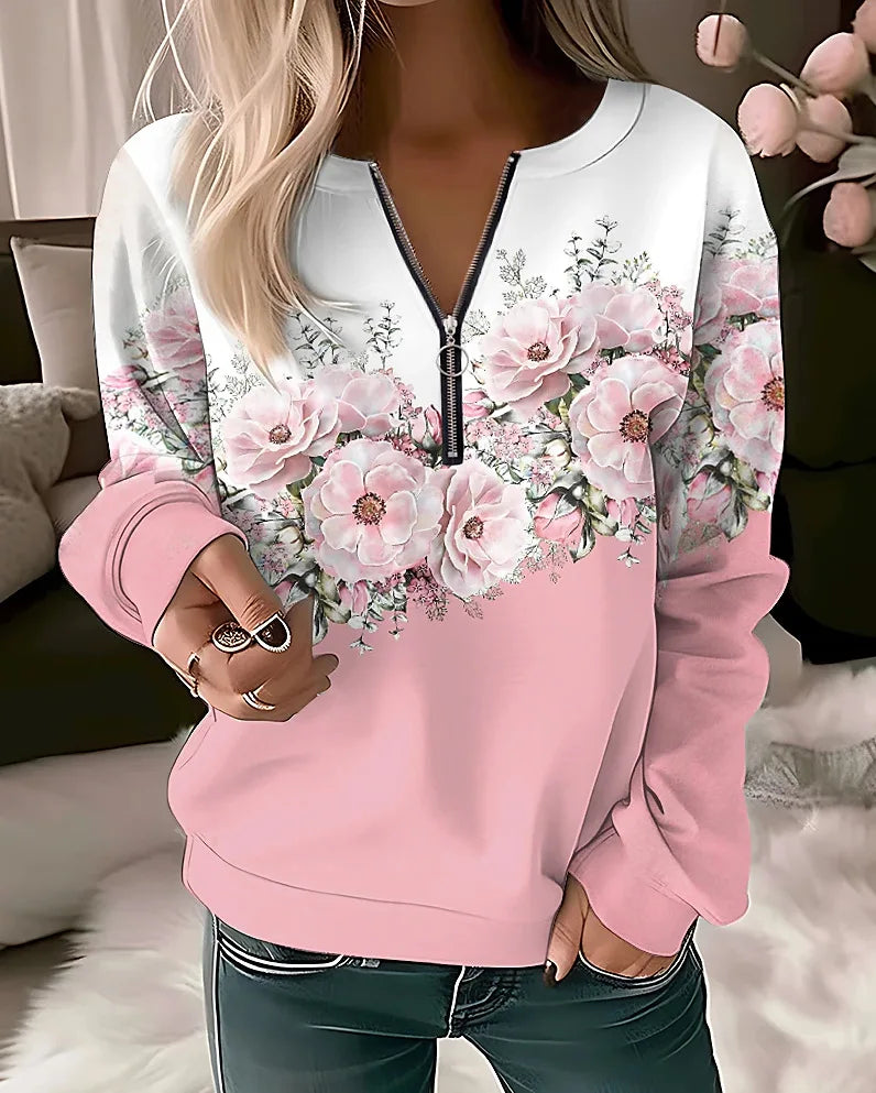 Floral Long Sleeve Full Zip Casual Hoodie for Layering