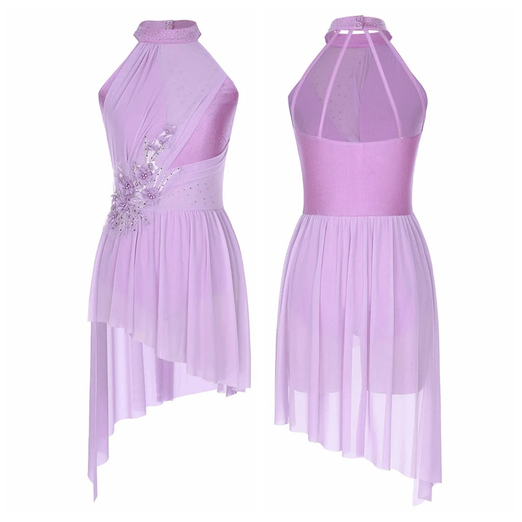 Women's High-Low Dance Dress with Mesh Panels and Skirt Overlay