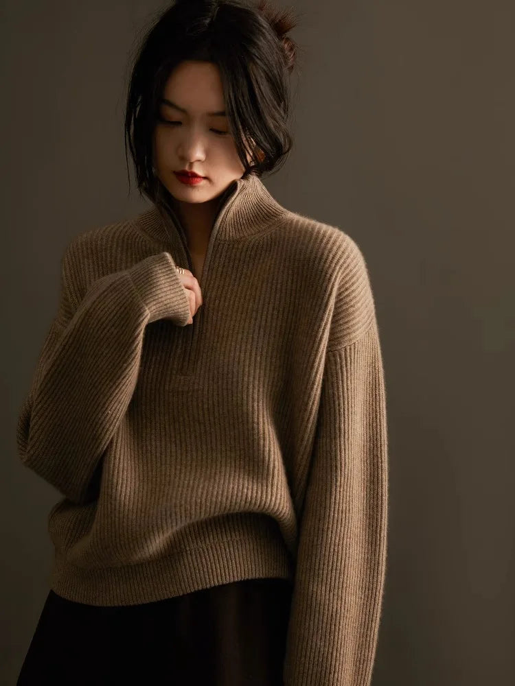 100% pure cashmere sweater women's half zip stand collar thick loose lapel pullover sweater
