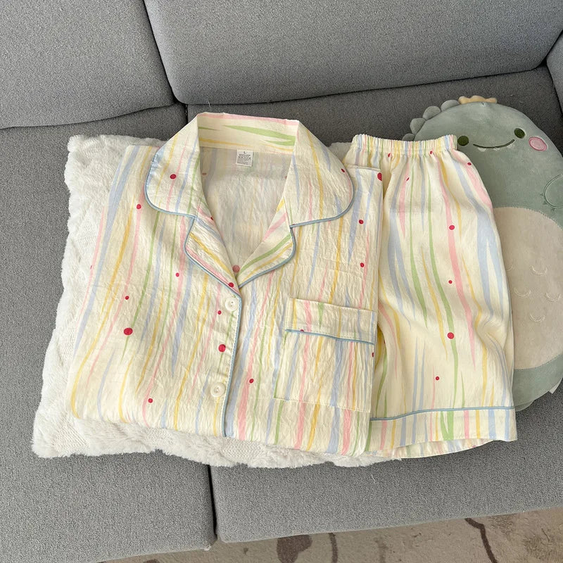 Women's Printed Short Sleeve Button Front Pajama Set with Top and Shorts