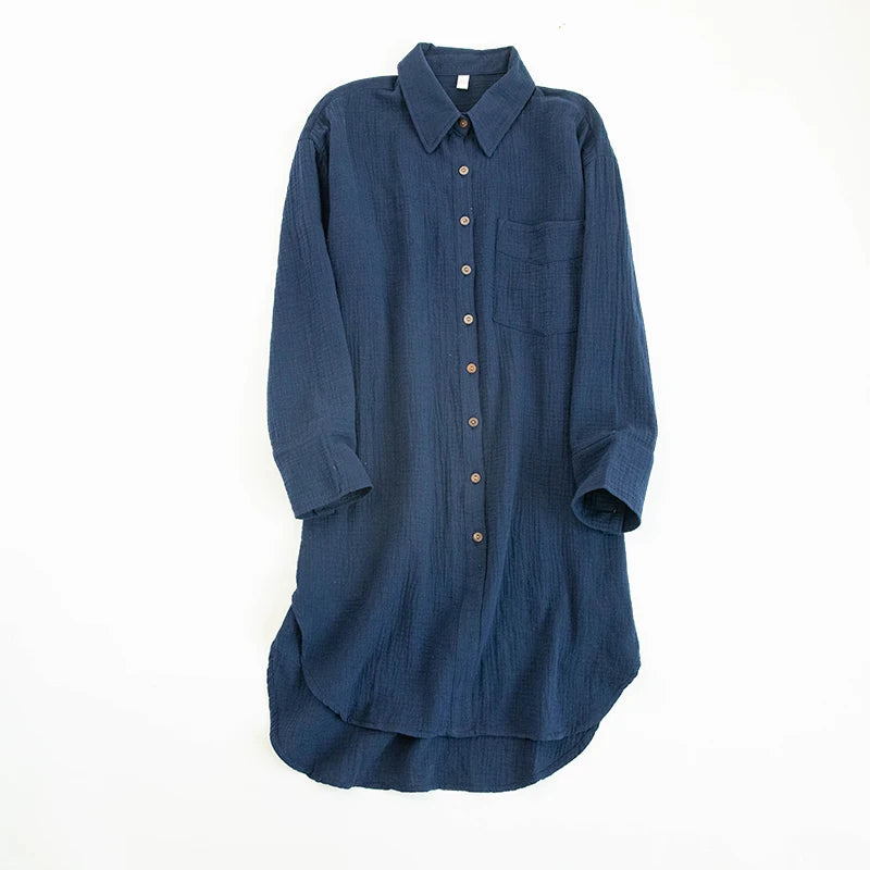 Women's Cotton Long-Sleeve Collared Loose A-Line Mini Shirt Dress with Front Buttons