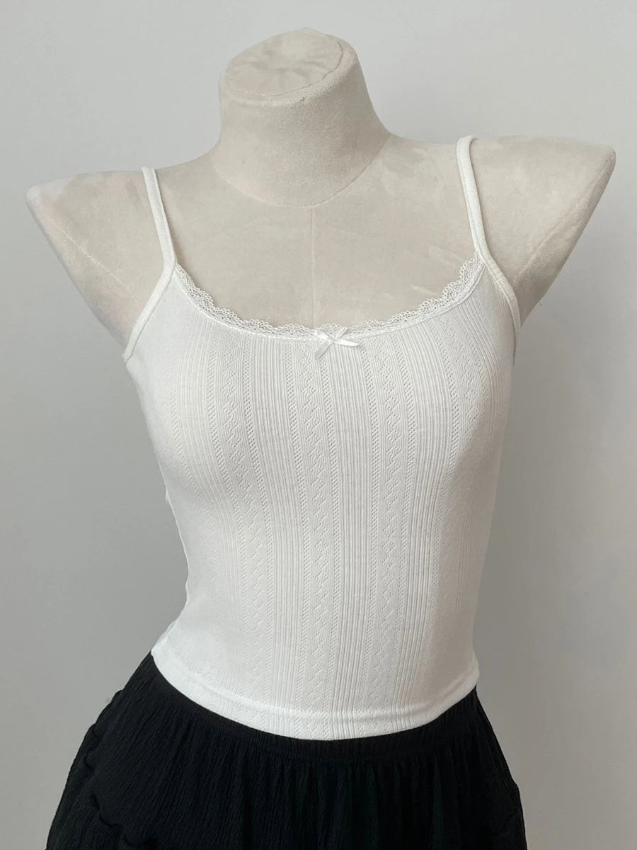 Women's Lace Trim Cotton Camisole with Bow Detail and Multiple Pattern Options