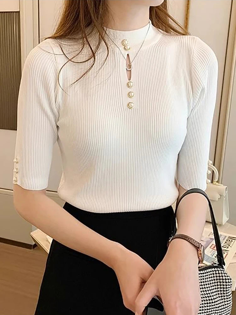 Women's Keyhole Button Elbow Sleeve Sweater Casual Knit Layer