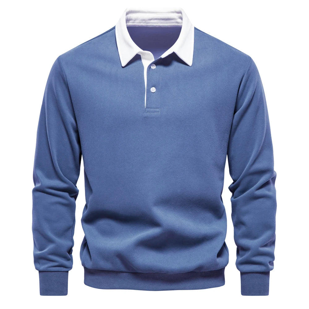Men's Polo-Collar Long-Sleeve Button-Neck Sweatshirt