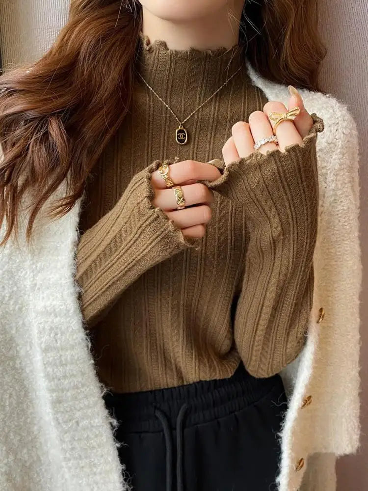 Women's Lettuce Trim Mock Neck Ribbed Sweater Casual Knit Layer