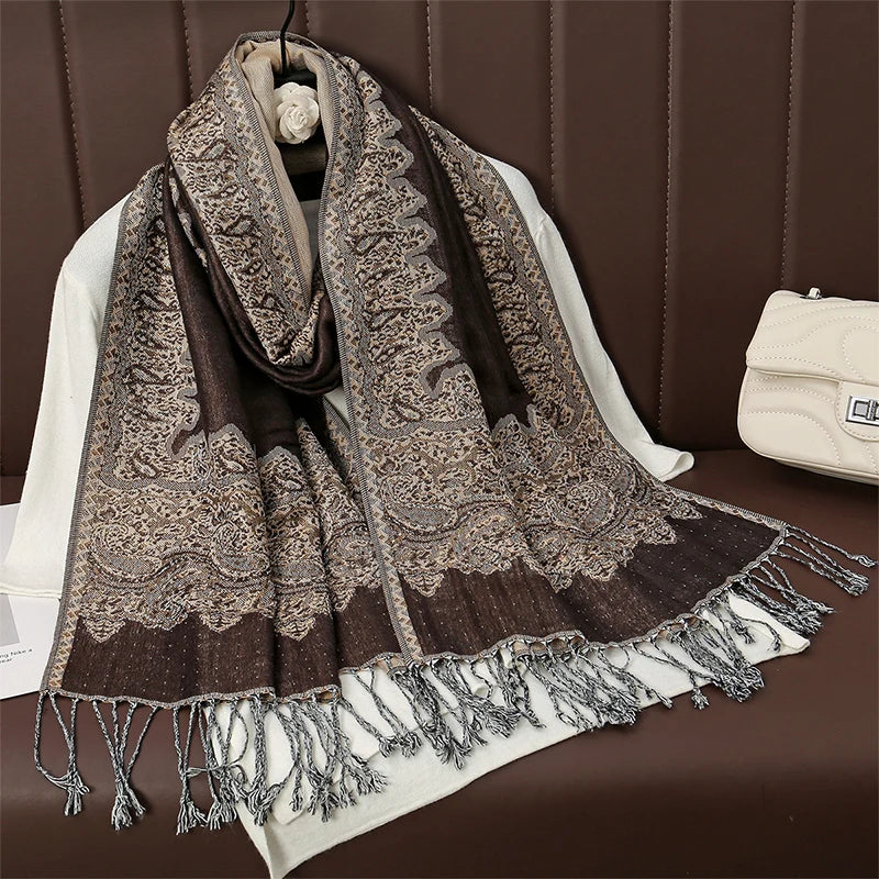 Paisley Floral Print Long Scarf with Fringed Ends
