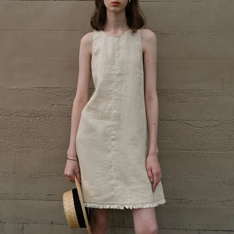 Women's Linen Sleeveless Loose A-Line Mini Dress with Round Neck and Pockets