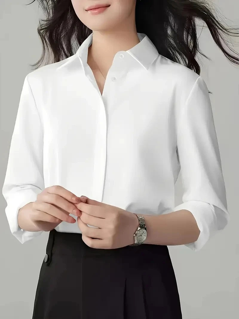 Women's Solid Long-Sleeve Button-Front Collared Regular-Fit Blouse for Everyday and Office Outfits