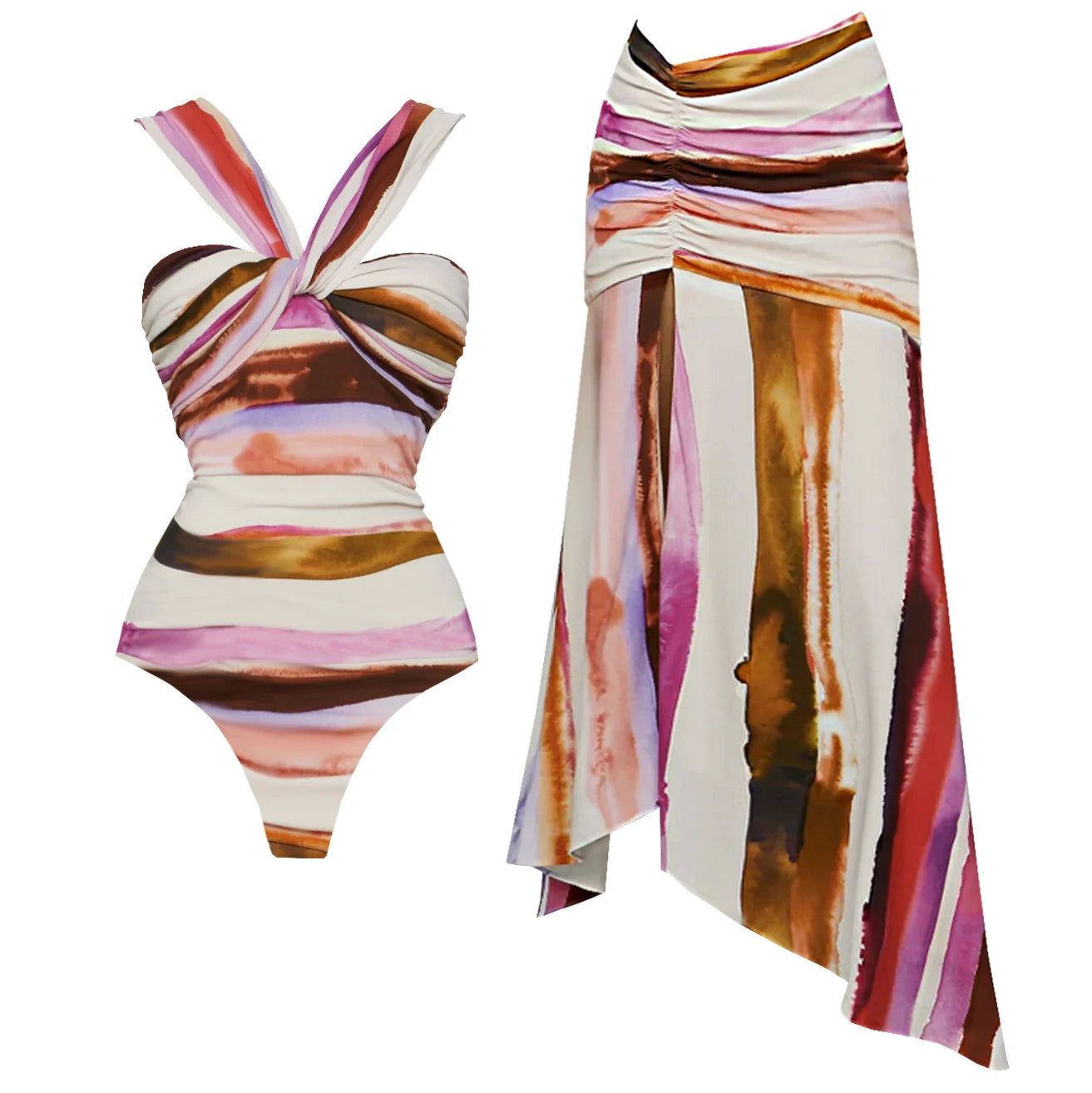 Striped Cutout One-Piece Swimsuit with Long Skirt
