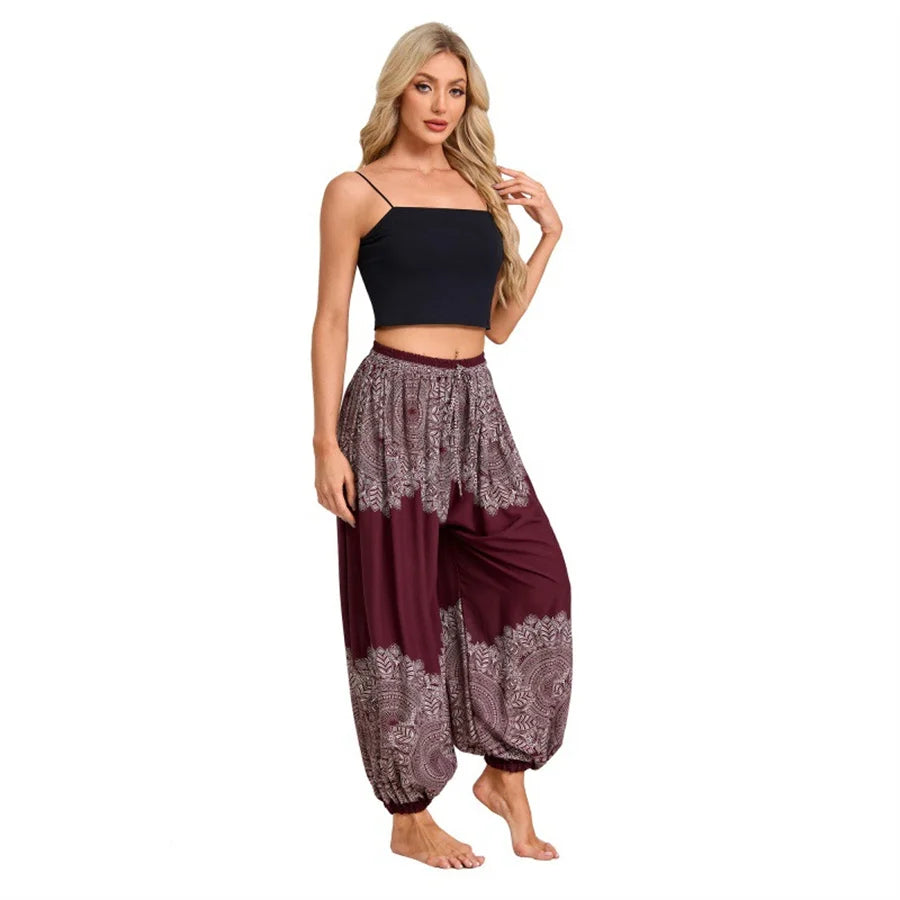 Women's Printed Rayon Harem Pants with Elastic Waist and Loose Gathered Legs