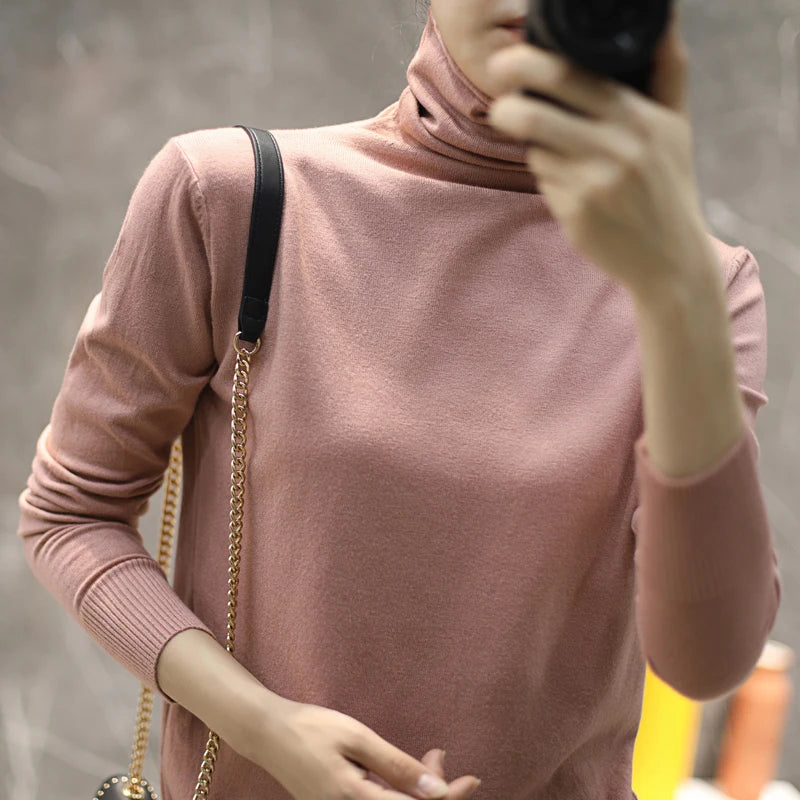 Women's Fitted Roll Neck Long Sleeve Sweater Casual Knit Layer