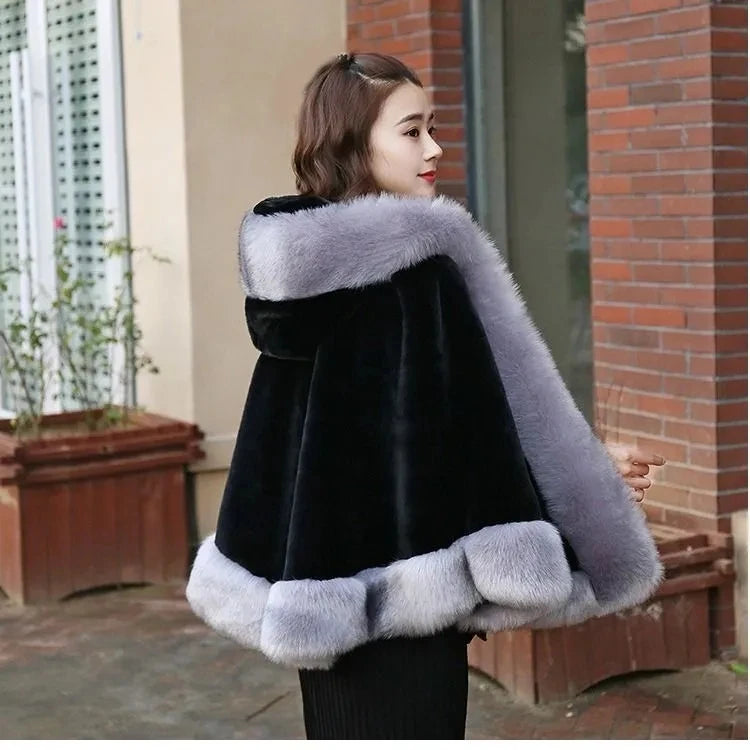 Plush Trim Hooded Cape for Layering over Outfits